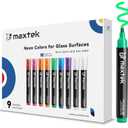 maxtek Neon Dry Erase Markers for Glass,Window Markers for Dry Erase Board,Chalkboard,LED Note Board,Acrylic Refrigerator Calendar,Bullet Tip,Low Odor,Assorted Colors,9 Count