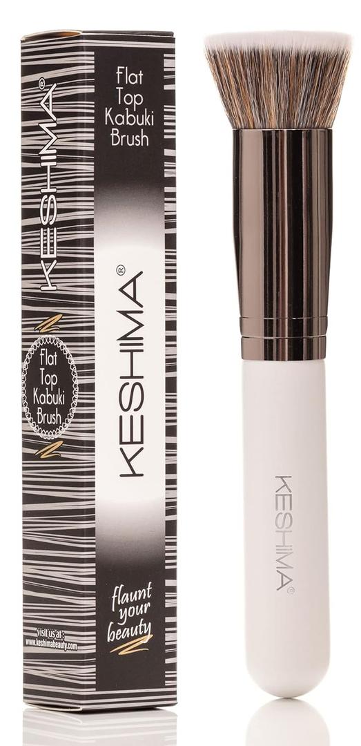 Keshima Foundation Brush Flat Top Kabuki - Premium Foundation Brush for Liquid Makeup, Cream, and Powder - Buffing, Blending, and Face (Regular Size, White)