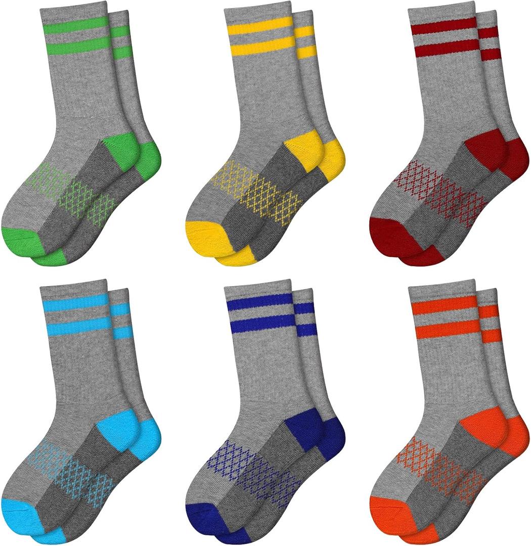 Comfoex Boys Crew Socks Half Cushioned Athletic Socks Cotton Calf Socks For Big Little Kids 6 Pairs (4-7 Years)