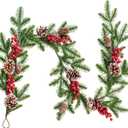 DearHouse 6FT Artificial Christmas Pine Garland with Red Berry Branch Pine Cone Winter Greenery Garland for Holiday Season Mantel Fireplace Table Runner Centerpiece Dcor