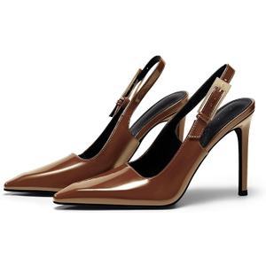 Coutgo Women's Slingback High Heels Pointed Toe Stilettos Metal Buckle Dress Party Pump Shoes, Brown, Size 8