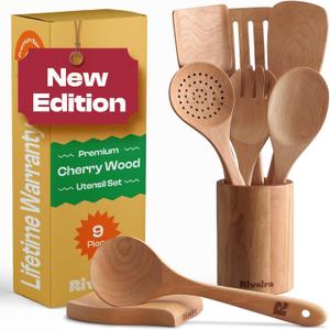 Riveira Cherry Wooden Cooking Utensils Set of 9 Premium Quality, Non-Toxic, Heat-Resistant Wooden Spoons and Spatulas for All Cookware