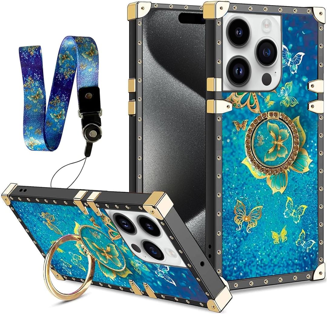 nancheng for iPhone 15 Pro Max Case 2023: Girls Women Fashionable Pattern Cute Case with Ring Stand Strap Lanyard Shockproof Protective Cover for iPhone 15 Pro Max (6.7-inch) - Butterfly Blue