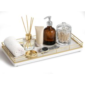 Bathroom Vanity Tray for Countertop, 12" x 6" Oak Wood Toilet Tank Tray with Metal Guardrail, Bathroom Organizer for Soap, Perfume & Skincare, Non-Slip Decorative Tray for Dresser, Gold & White