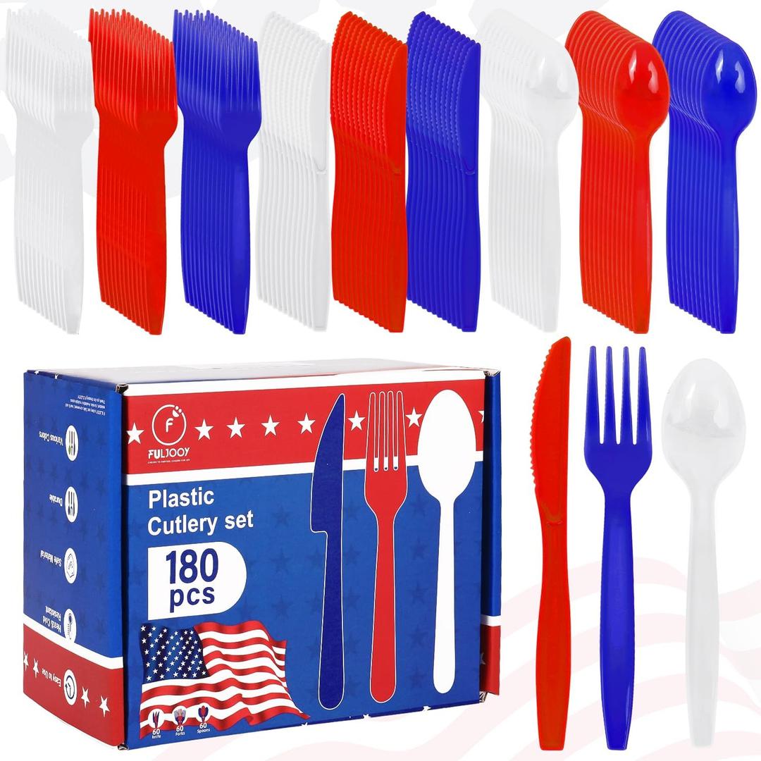 180 Pieces 4th of July Plastic Silverware Heavy Duty Plastic Cutlery Set Disposable Utensils Includes Spoons Forks Knives for Memorial Day Decorations Utensil Flatware Independence Day