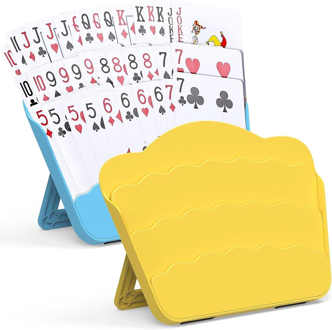 RESOVO Playing Cards Holders Stands Decks w/Foldable Tabletop Stand, 3 Layers Design for Poker UNO Cards, Playing Card Accessories, Set of 2 (1 Blue + 1 Yellow)