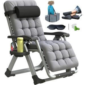 Oversized Zero Gravity Chair, XL Lounge Chair 29 Width, Padded Recliner Chair W/Removable Cushion & Adj Headrest, Storage Bag, Footrest Cushion, Cup Holder, for Indoor Outdoor, Gray