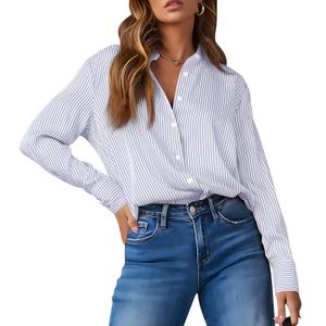 OMSJ Womens Striped Button Down Shirts Casual Long Sleeve Stylish Collared Office Work Blouses Tops (S)