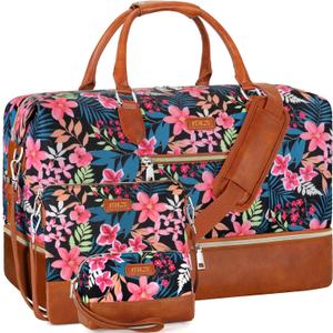 Weekender Bag for Women, Travel Duffel Bag Carry On Overnight Bag with Shoe Compartment Large Nylon Travel Weekend Tote Bag (9-Black Fower)