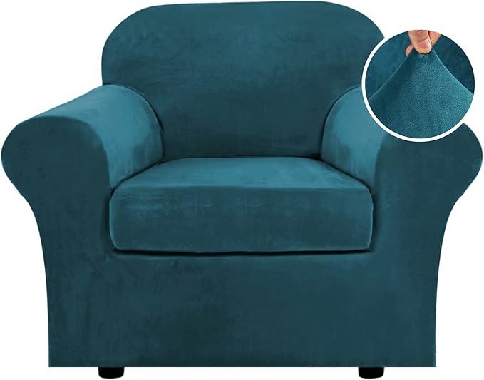 Rich Velvet Stretch 2 Piece Cover Chair Slipcover Sofa Cover Furniture Protector Couch Soft with Elastic Bottom Chair Couch Cover with Arms Width Up to 49 Inch(Chair, Deep Teal)