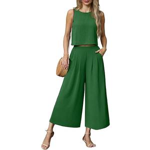 Lepunuo Womens Summer 2 Piece Outfits Sleeveless Crop Top Flowy Wide Leg Pants Matching Sets Vacation Beach Travel Outfits (A- Dark Green, S)