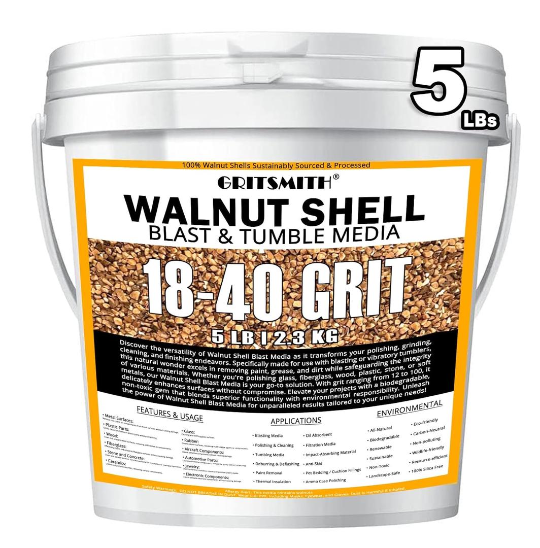 18-40 Grit Ground Walnut Shell Media (5 LBS / 2.3 KG) - Fine Grit for Tumbling, Blasting, Vibratory, Polishing, Deburring, Anti-Skid, Fillers