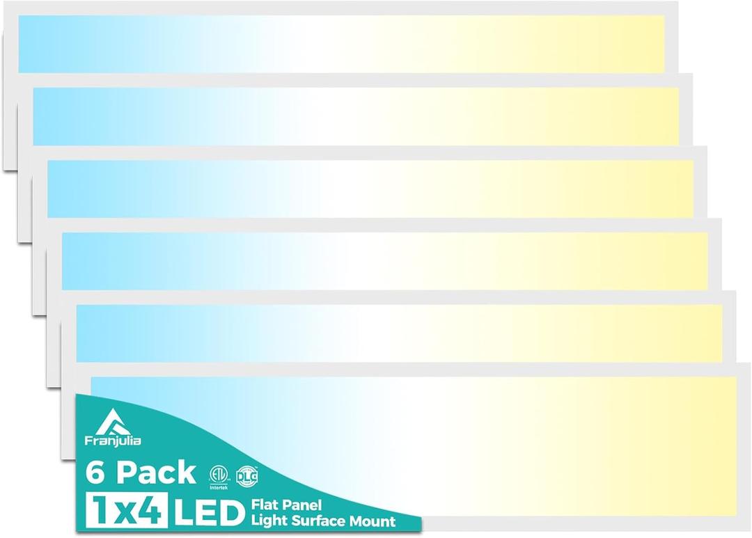 6PACK 1x4 LED Flat Panel Light Surface Mount, 3000/4000/5000k Selectable & TRIAC Dimmable5500LM 50W Flat Panel Light, Input AC 120V, 1x4 LED Lights Fixture for Garage/Kitchen/Office-White