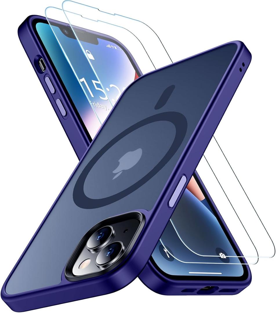 2 x SPIDERCASE Designed for iPhone 13 Case/iPhone 14 Case, [Military-Grade Drop Tested][with 2 pcs Tempered Glass Screen Protector] [Compatible with Magsafe][Soft Silky Touch] Slim Protective Case-Purple