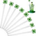 8 Pcs Glass Four-Leaf Clover Drink Stirrers, Reusable Lucky Shamrock Cocktail Drink Accessory, Green Swizzle Sticks for Irish Party, Bar Cart, Coffee & Holiday Decor