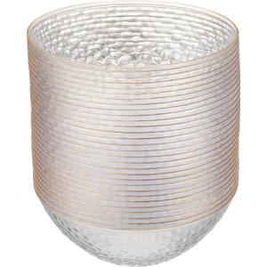 PLASTICPRO 30 Pack 12 Ounce Hammered Plastic Bowls, Heavyweight Disposable Bowl Set, Elegant Clear with Gold Rim, BPA Free, for Parties, Dinners, Events