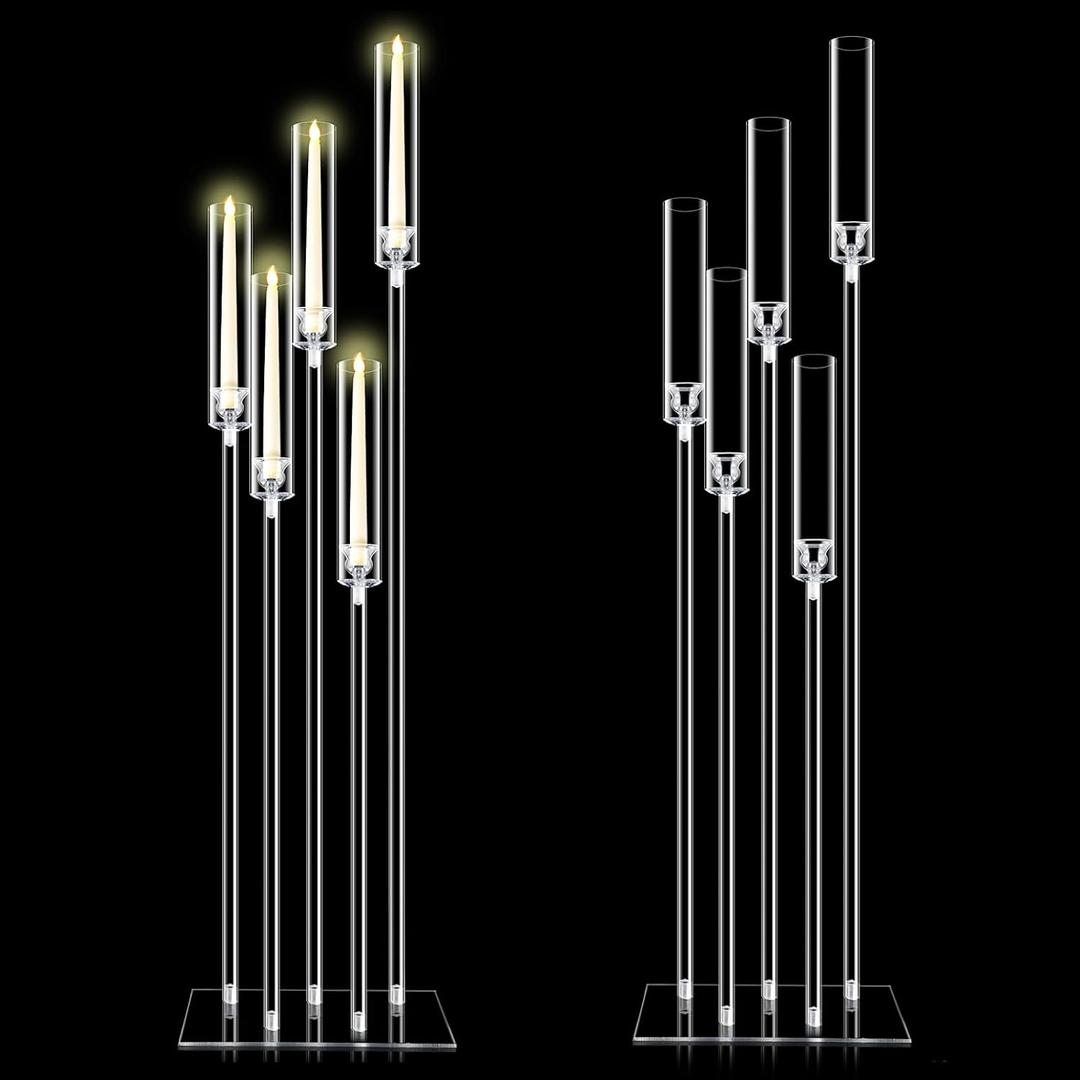 Tessco for you 2 Set 5 Arms Acrylic Candelabra Centerpieces 46.4'' Tall Clear Candle Holders Wedding Table Centerpiece Floor Candle Stand with Acrylic Shade Fit 0.8'' LED Candles for Home Party