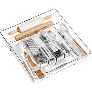 Yieach Acrylic Clear Expandable Kitchen Utensil Drawer Organizer and Silverware Organizer,BPA FREE Adjustable Silverware Tray for Drawer Cutlery,Spatula,Tools,Flatware Organizers,Fork and Spoon Holder (9.4Wx12.6Lx2H Inch)