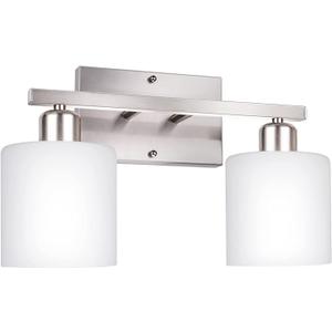 Bathroom Vanity Light Fixture Over Mirror with Brushed Nickel, Modern 2-Light Wall Sconces Lighting for Bedroom,Living Room,Decor White Glass Shades,E26 Standard Base,Bulbs Not Included
