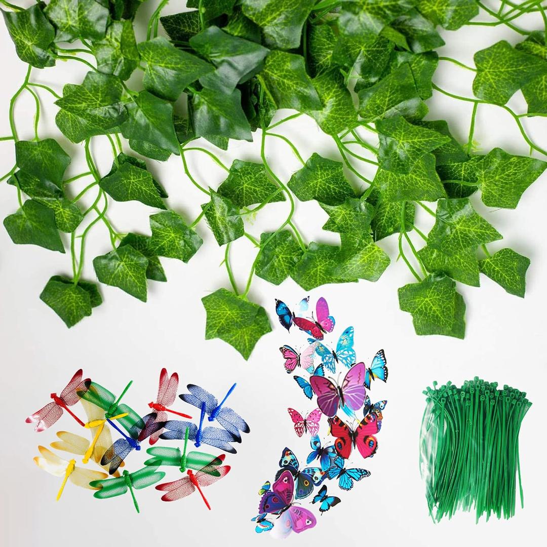 Cayway Artificial Hanging Plants, 5 Pack 450 Leaves Fake Ivy Fake Vines Artificial Ivy Garland, 12 PCS Butterfly for Home Kitchen Garden Office Wedding Wall Decor