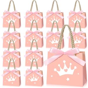 Sinload 25 Sets Small Crown Princess Party Favor Bags for Guests Light Pink Princess Paper Goodie Candy Bags with Handles Ribbons for Pink Themed Birthday Party Gift