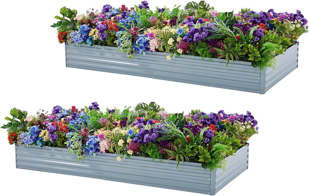 2 Pack 8x4x1FT Galvanized Raised Garden Beds Kit Outdoor Metal Gardening Planter Box for Vegetable Elevated Flower Herbs,Gray (Gray(2 Pack))