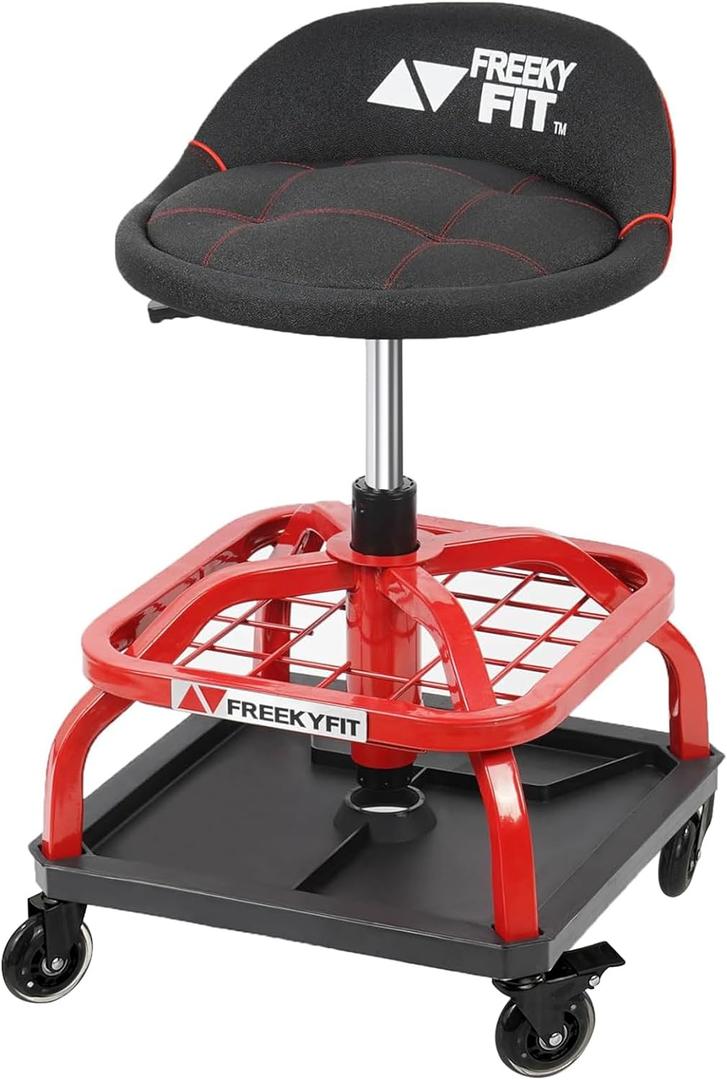 Rolling Shop Stool with Wheels, Garage Work Mechanic Stool with Backrest, Roller Mechanic Chair, Adjustable Height, 360 Swivel, Tool Tray Storage, 330 LBS Capacity, Heavy Duty, Red