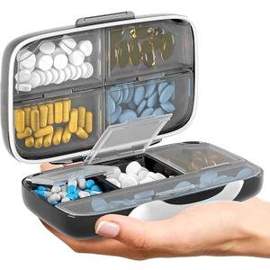 Travel Pill Organizer - Airtight Medicine Case for Traveling Portable Pharmacy Box with Labels Vitamin Container 8 Compartment Supplement Medication Holder Large Capacity Daily (Black)