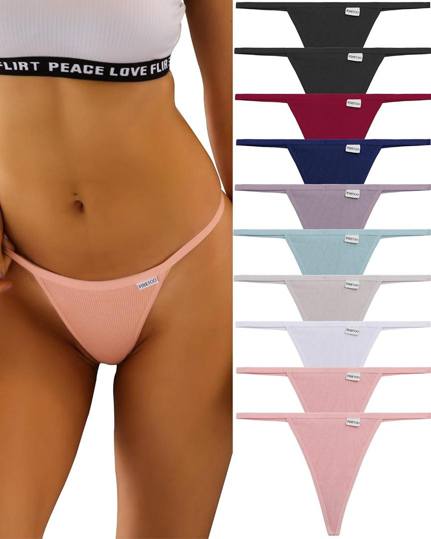 FINETOO 10 Pack G-String Thongs for Women Cotton Panties Stretch T-back Tangas Low Rise Hipster Underwear Sexy  (Large, 10 Pack Thongs)