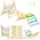 BlueWood Pikler Triangle Set, Toddler Wooden Climbing Toys Indoor 7in1 Foldable Climber for Kids, Montessori Philosophy Play Jungle Gym with Arch, Ramp, Ladder (Colorful Spring)