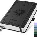 EMSHOI A5 College Ruled Notebook, 320 Numbered Pages 100GSM Ink-Proof Faux Leather Hardcover Lay-Flat Lined Journal for Work Office School Writing, SUN Design, Small 5.75" x 8.38", Black