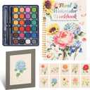 Floral Watercolor Painting Kit for Adults & Beginners with 24 Paints, 3 Brushes,Watercolor Workbook & photo album | 12 Original DIY Patterns, Step-by-Step Tutorials | Beginner-Friendly Creative Gift