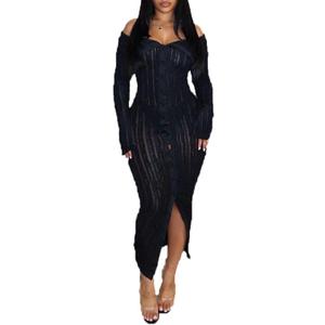 Aro Lora Womens Sexy Off Shoulder See Through Pleated Button Down Slit Bodycon Maxi Dress (Small, Black)