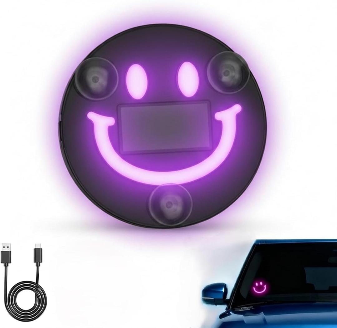 2 PCS Solar Powered Car LED Ambient Light, Cute Neon Smiley Lights for Car Interior with 5 Modes, Wireless Auto Atmosphere Lamp for Back Window Decoration & Romantic Gifts (2)
