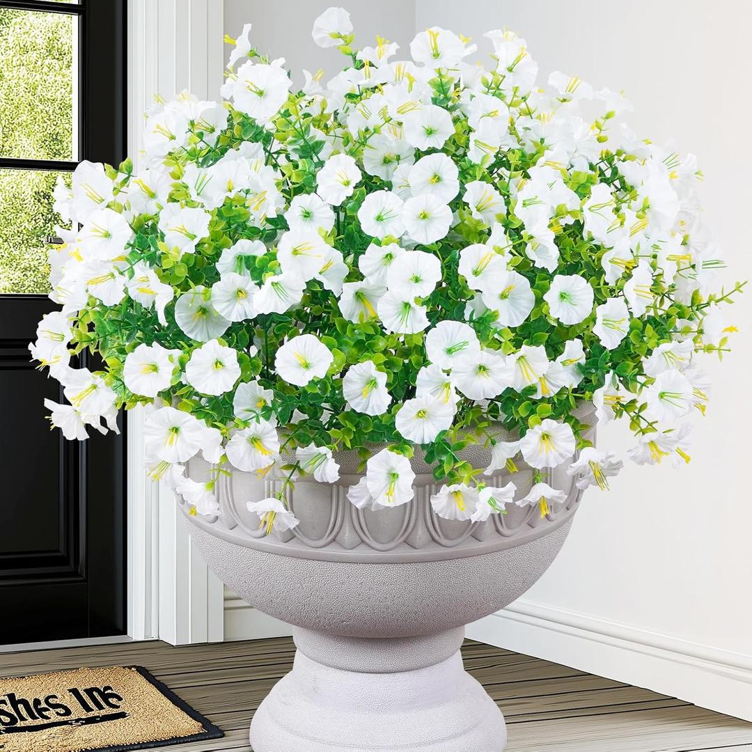 MARTINE MALL 12 Bundles Look Real Artificial Flowers for Outdoors, Realistic Fake Outdoor Flowers, UV Resistant Silk Petunia Flowers for Outside Faux Flowers Plants for Outdoor Porch, White
