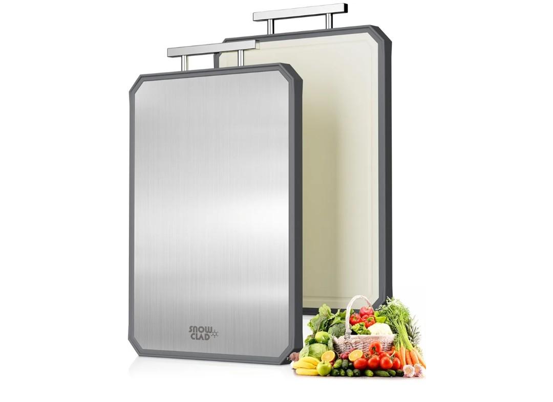 NOWCLAD Stainless Steel Cutting Board, Double Sided Steel Bread Boards for kitchen, Stainless Steel/Wheat straw pp Large Board for meat, non toxic Chopping, 16 * 11 Inch, Dishwasher Safe