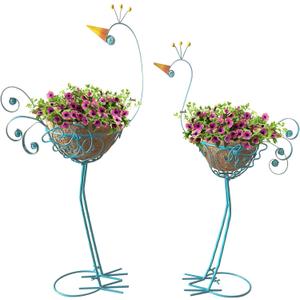 J-Fly Peacock Metal Plant Stand 2 Sets Flower Pots Holders, Planters for Outdoor Indoor Plants with Coconut Pots, Front Porch Garden Balcony Patio Decor for Plant, Christmas Decoration Gifts