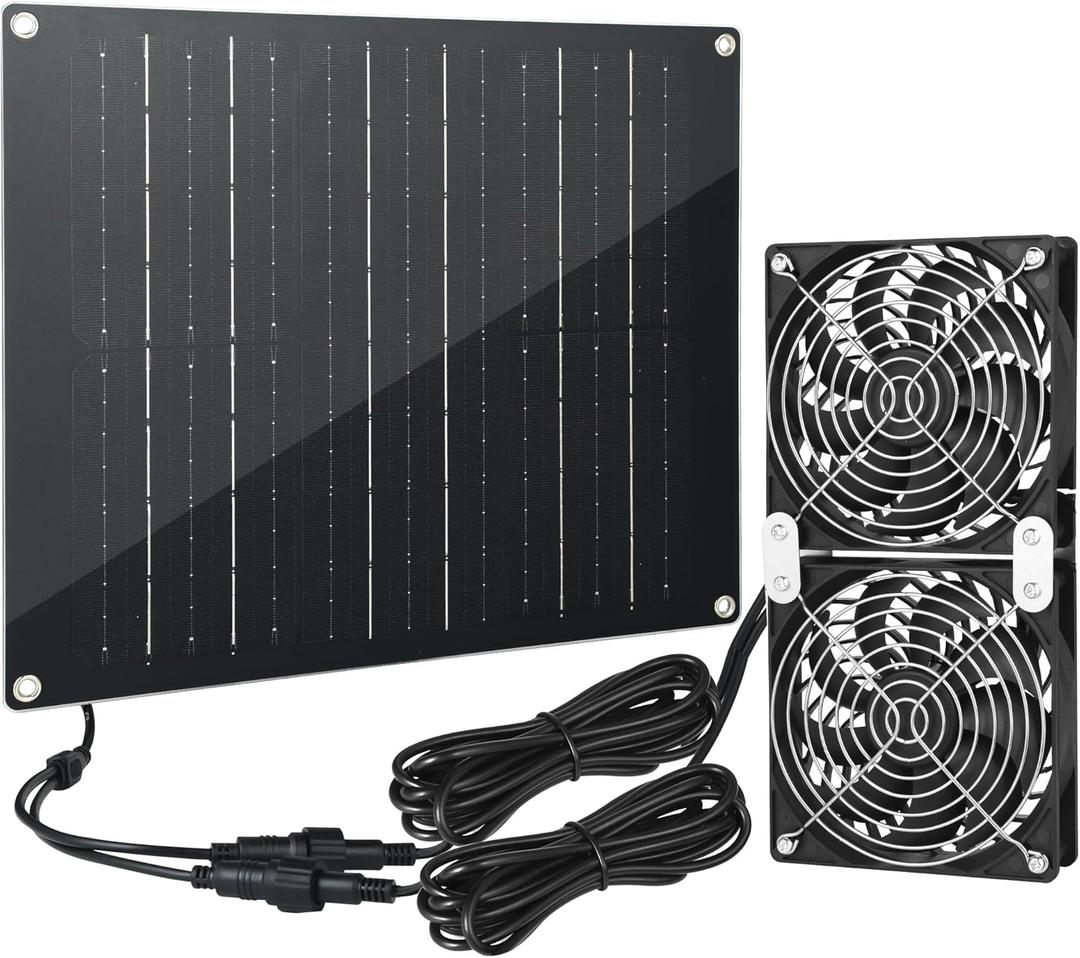 Solar Powered Fan, 30W Large Solar Fan Exhaust Dual Exhaust Fan, Equipped with Two IPX7 Waterproof Fans, Suitable for air Ventilation & Circulation in Chicken Coops, Greenhouses, Sheds, Pet Houses