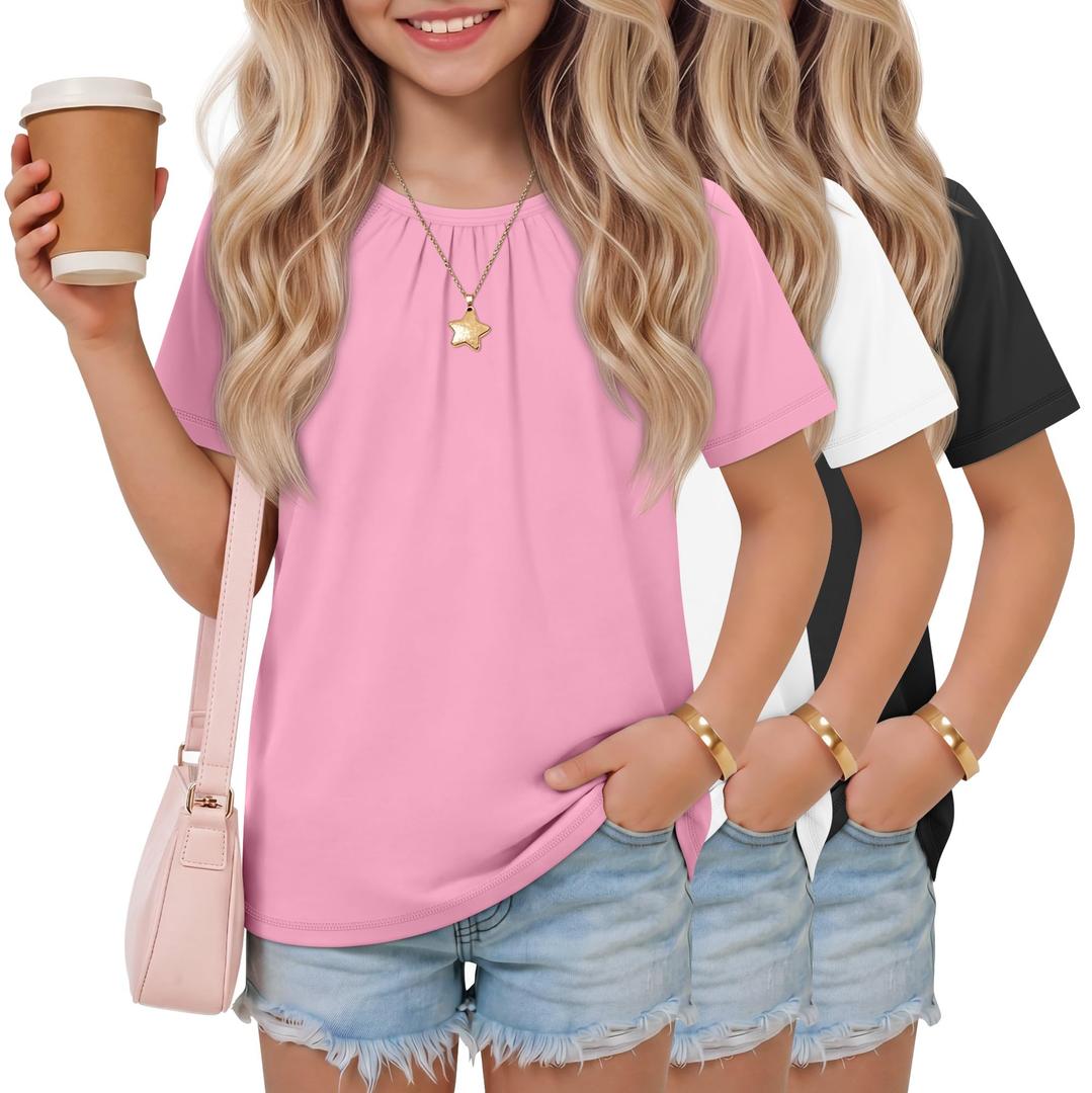 YooAurvox 3 Pack Girls' Pleated Summer T Shirts, 3-Color, 7-8 Years