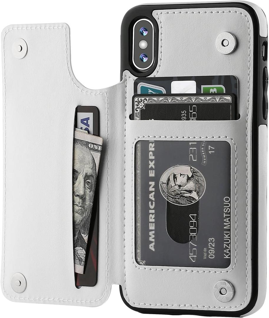 ONETOP iPhone Xs iPhone X Wallet Case with Card Holder,OT Premium PU Leather Kickstand Card Slots Case,Double Magnetic Clasp and Durable Shockproof Cover (White)