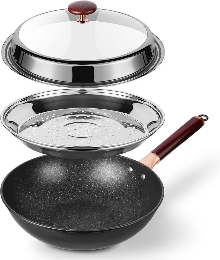 12.5 Woks & Stir-Fry Pans with Lid Steamer, Nonstick Ceramic Wok Pan with Lid, Deep Large Induction Hard Anodized Frying Wok, Carbon Steel Wok Set Flat Bottom, Large Saute Pan Set