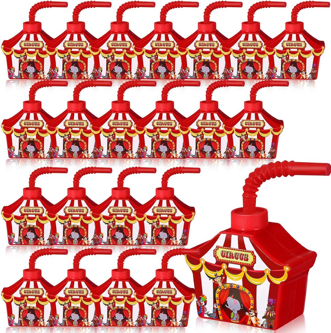 Tanlade 24 Pcs Circus Carnival Party Favor Gift Supplies Cups with Straws and Lids, 10 oz Plastic Circus Shape Drink Cups Bulk for Carnival Theme Party Supplies Boys Girls Birthday Favors