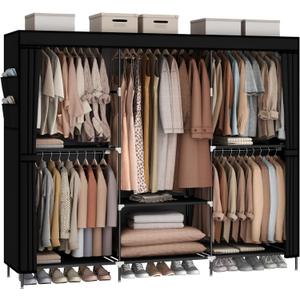 MOGELAFOO 83" Closet Wardrobe, Portable Closet for Bedroom, Freestanding Clothes Rack with NonWoven Fabric Cover, 5 Hanging Rods, 6 Storage Shelves, Clothes Storage Organizer, Black