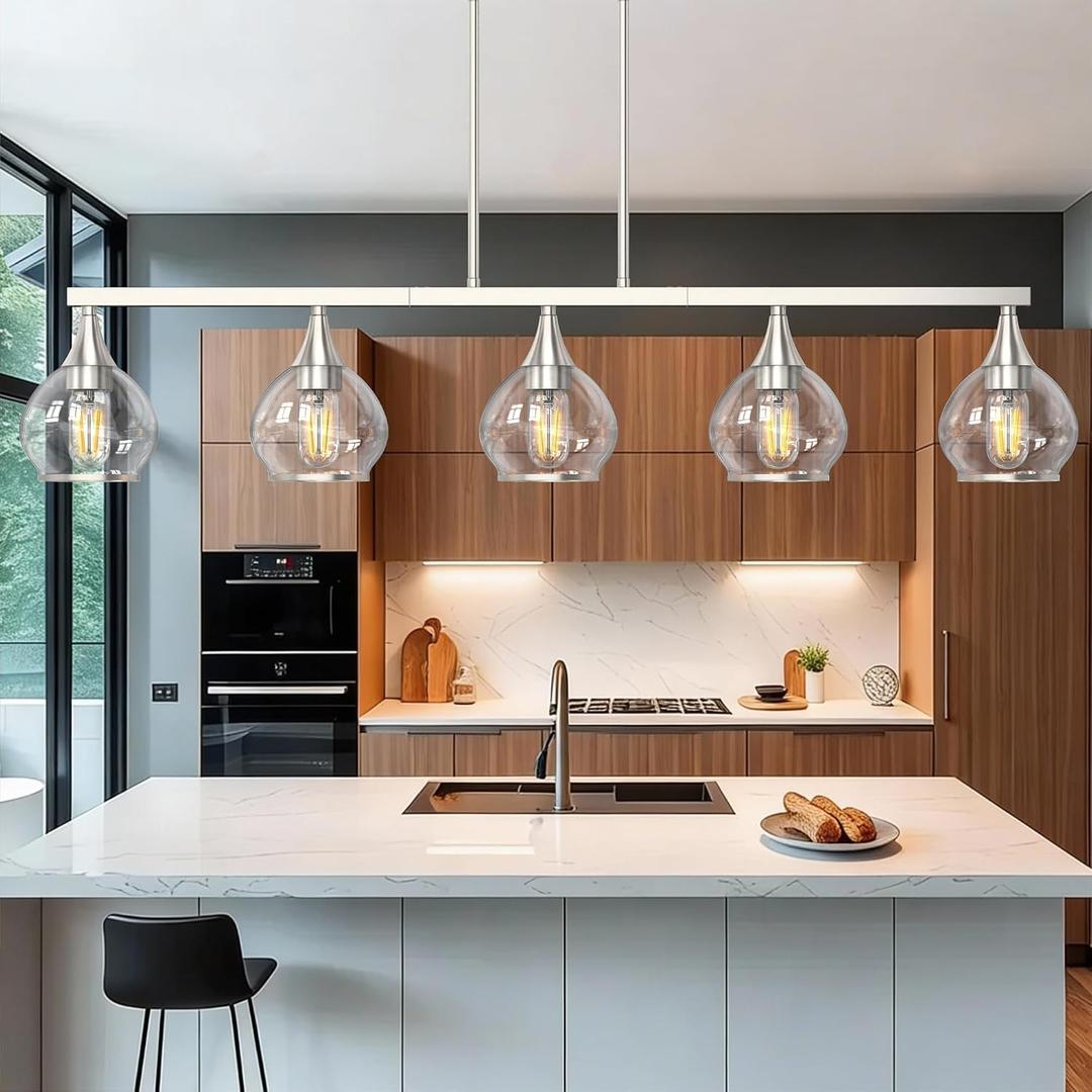 Kitchen Island Linear Pendant Light, 5-Light Modern Chandelier with Clear Glass Globe Shades, Linear Lighting Fixture Over Dining Table, Brushed Nickel