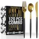 Trendables 100 Pack Disposable Silverware Set - Silver Cutlery Dinnerware - Includes 40 Plastic Forks, Spoons, Knives - Black & Gold Plastic Silverware Party Set
