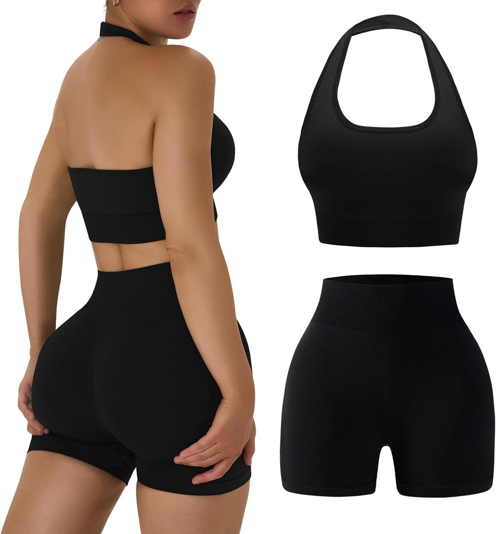 OLCHEE Workout Sets for Women 2 Piece Backless Halter Sports Bra High Waist Booty Shorts Yoga Gym Outfits Lounge Activewear (Large, Solid Black)