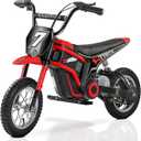 ELEMARA Electric Dirt Bike for Kids,15.5 mph & 150lb Max, 350W Kids Motorcycle with Music & Bluetooth,Chain-Driven Motor, Twist-Grip Throttle & Hand-Operated Rear Brake, 12" Air-Filled Tires-Red
