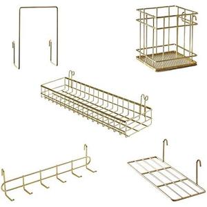 PEAUARL Metal Mesh Wall Grid Panel Hanging Basket,Display shelf,Pen Holder,Hooks Rack,Bookshelf,Decorative Desk Storage Organizer For Office,Study,Set of 5 (Gold)