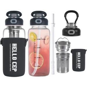 34oz Glass Water Bottle with Straw, Infuser & Protective Sleeve, BPA-Free Large Capacity drinking bottles for Hot or Cold Drinks, Perfect for Gym, Home & Office (34oz 2PCS)