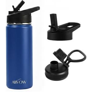 Blue Metal Water Bottle 32 oz with Straw, Mens Gym Leak Proof Stainless Steel Water Bottle, 1Liters Big BPA-Free Sports Vacuum insulated Water Bottle (2 Lids) for Hiking,Travel